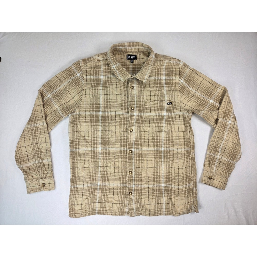 Billabong Men's Button Down Tan Flannel Plaid Long Sleeve Collared Shirt Size L